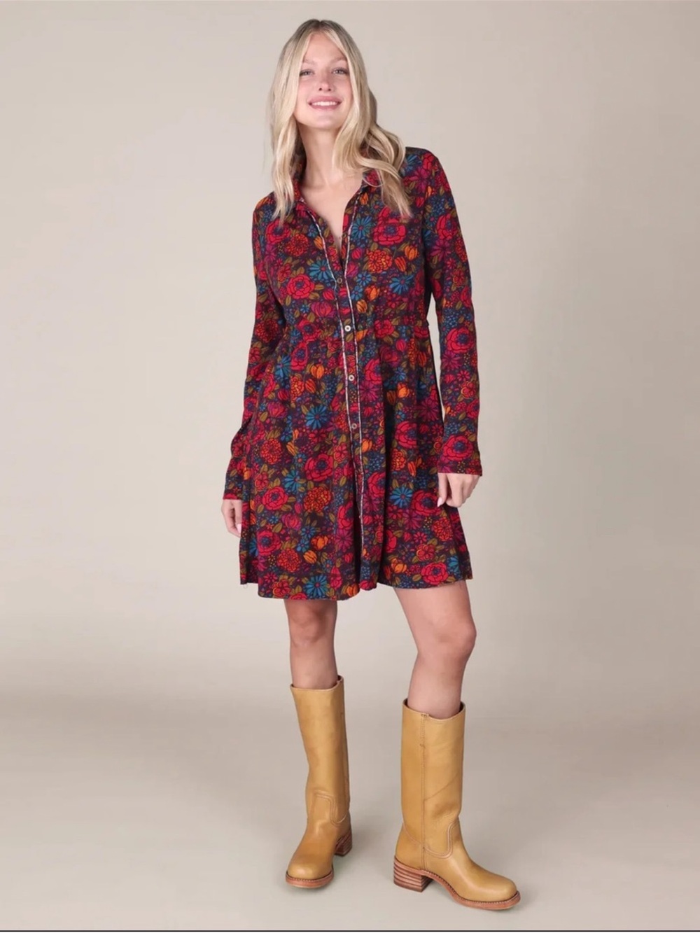 NATURAL LIFE Christa Red Floral Button-Front Long Sleeve Cotton Dress Size Small